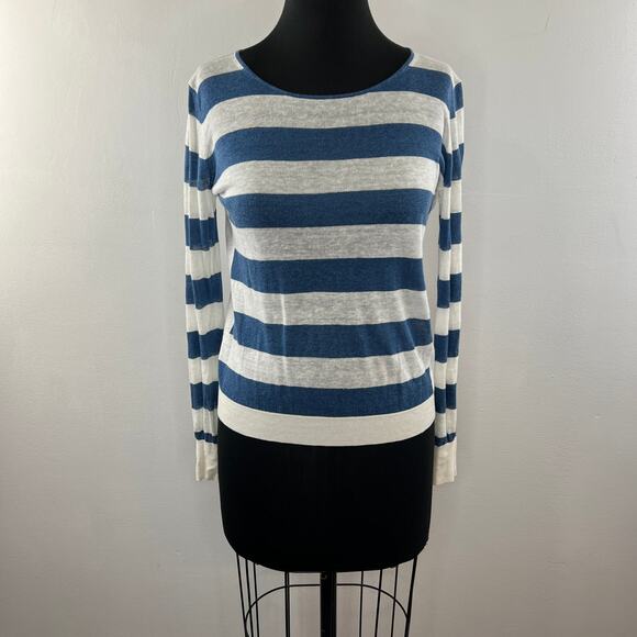 THEORY Blue White Stripe Linen Blend Long Sleeve Round Neck Pullover Sweater S - Picture 2 of 9